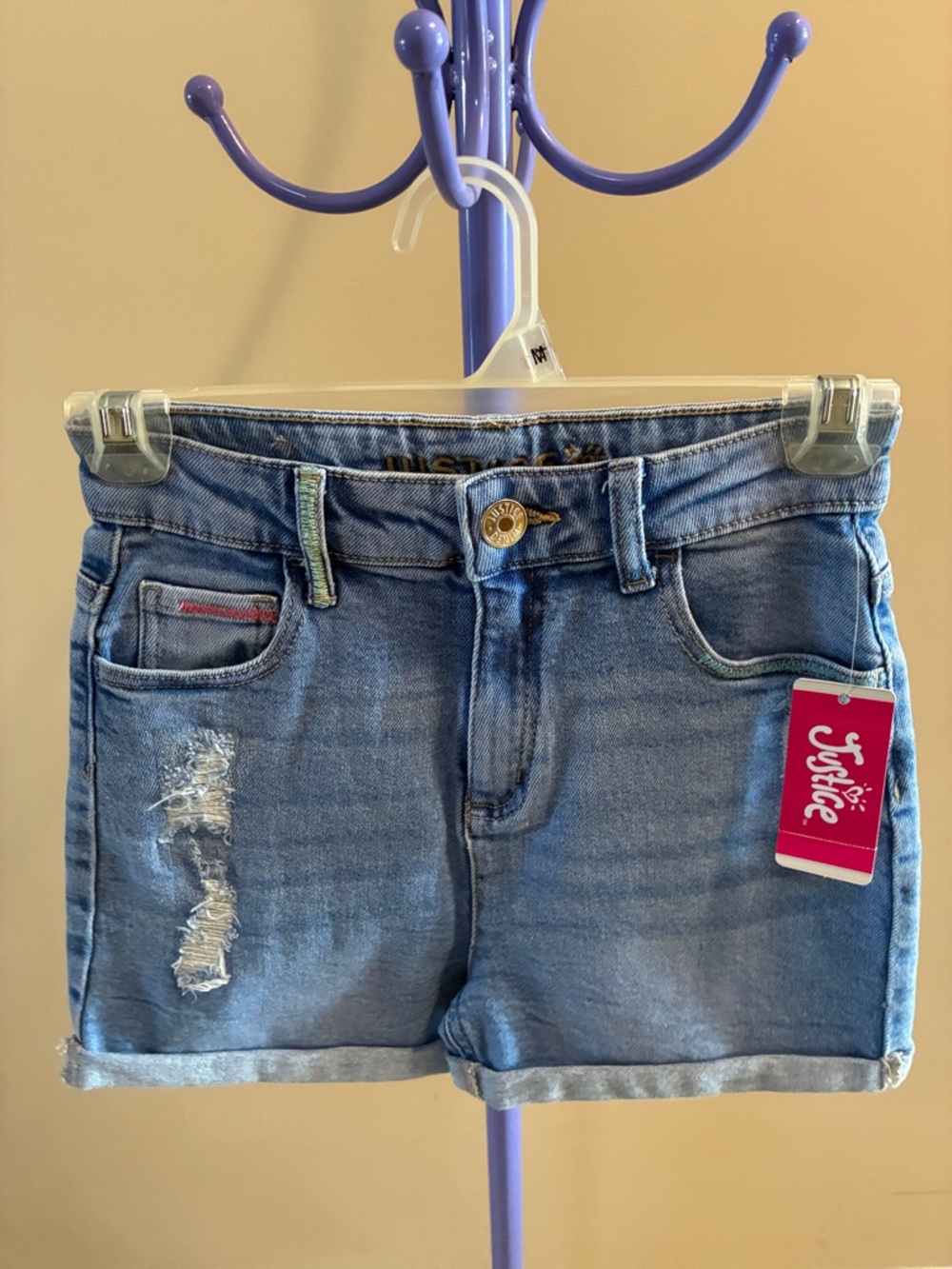 Justice Light Blue Distressed Denim Roll-Cuff Shorts Girls 14 NEW Jean